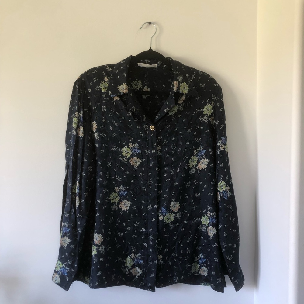 Vintage OMNITEX 100% Natural Silk Navy Floral Blouse | Size 40